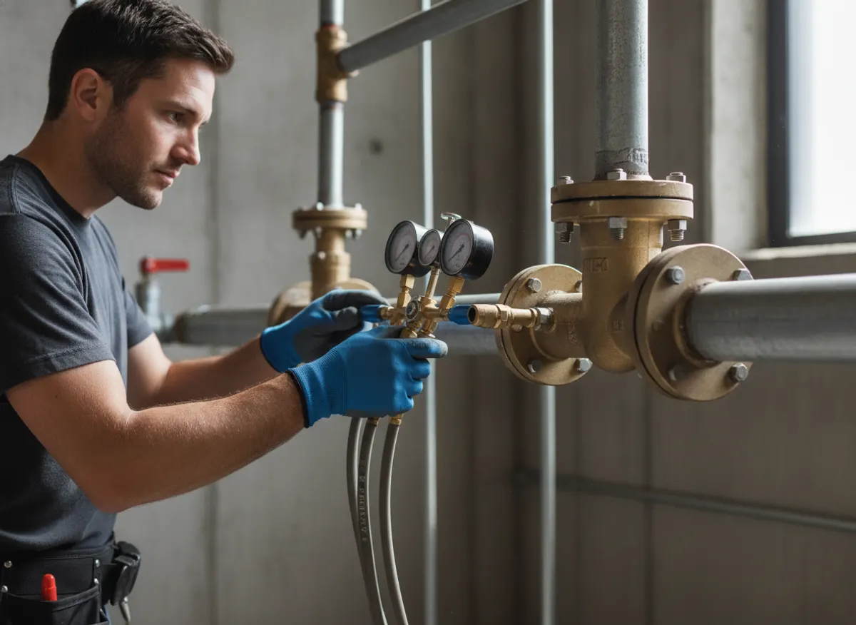 Technician testing a brass backflow preventer with a gauge test kit