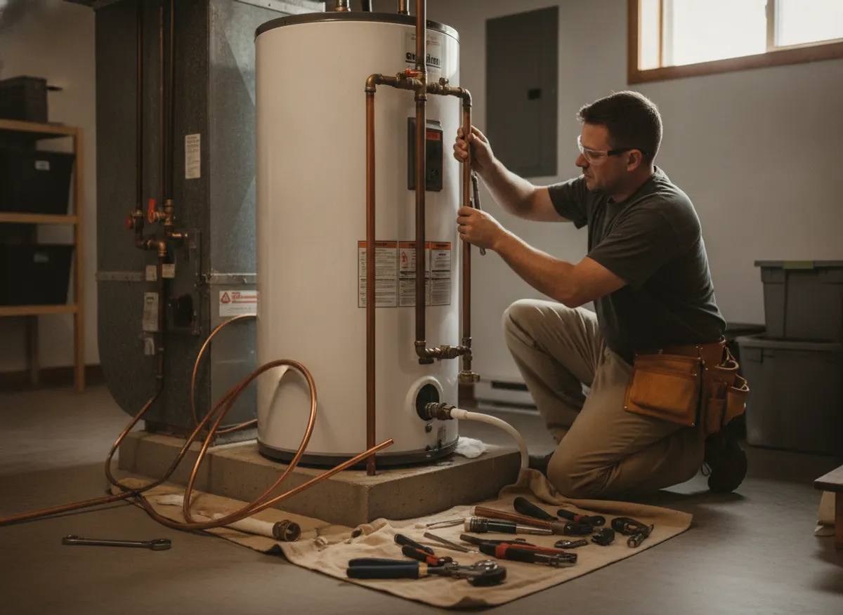 Plumber installing a new tank water heater in a basement utility room